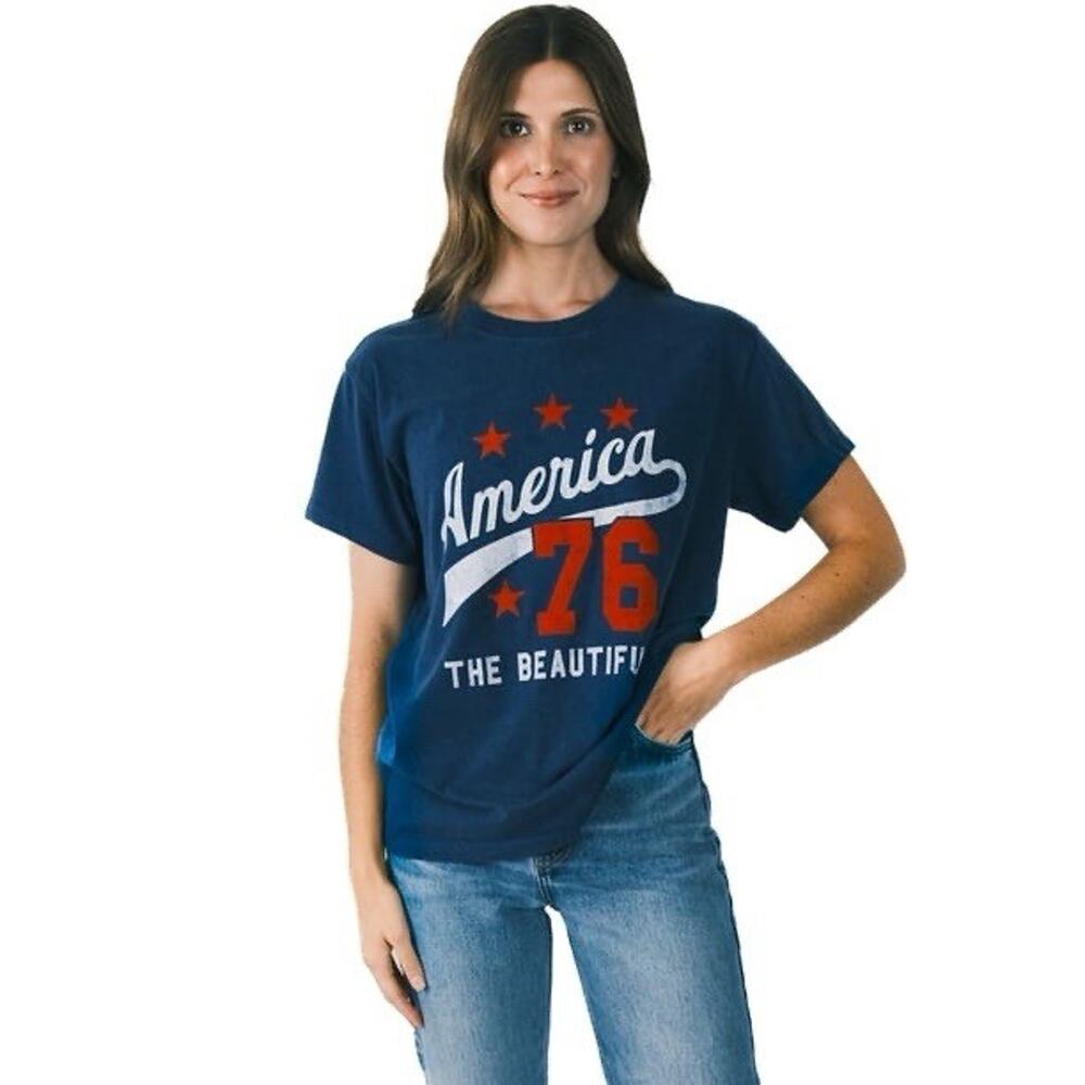 Mighty Fine Womens Size M Blue Cotton Knit Crew Neck Short Sleeve America 76 Tee